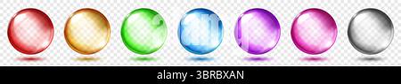 Set of translucent spheres of different colors with highlights and shadows on transparent background, vector illustration for design projects and crea Stock Vector