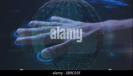 Extending male hand touching digital globe wireframe in virtual space, with blue touch indicators Stock Photo