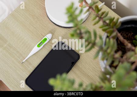 digital thermometer lying next to smartphone on nightstand, lamp visible, succulent leaves blurring Stock Photo