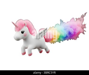 Flying Unicorn with a Rainbow Smoke Trail Minimalist 3D Rendering in a Soft And Smooth Renderer Stock Photo