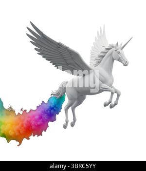 Flying Unicorn with a Rainbow Smoke Trail Minimalist 3D Rendering in a Soft And Smooth Renderer Stock Photo