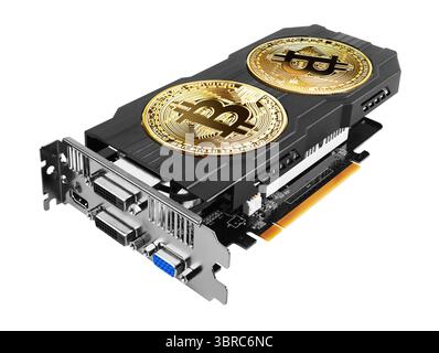 Golden Bitcoin on a graphics card isolated on white background Stock Photo