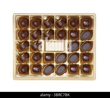 Chocolate pralines in the golden box, isolated on white Stock Photo