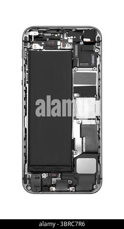 Disassembled mobile phone close-up, isolated on white background Stock Photo