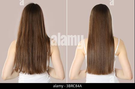 Hair combing, straightening. Woman showing hairstyle before and after different procedures on grey background, back view. Collage of photos Stock Photo