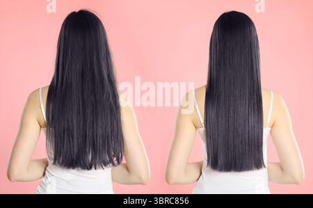 Hair combing, straightening. Woman showing hairstyle before and after different procedures on pink background, back view. Collage of photos Stock Photo