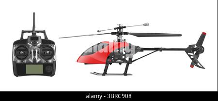 Remote controlled helicopter with controlling handset, isolated on white background Stock Photo