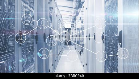 Displaying network node overlay hovering in data center with server racks routers and cable trays Stock Photo