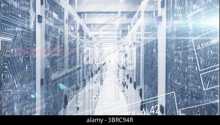 Extending aisle showing raised floor in data center, with LED-lit server cabinets and data overlays Stock Photo