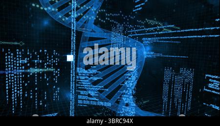 Rotating glowing DNA double helix floating through grid plane, with code streams and binary digits Stock Photo