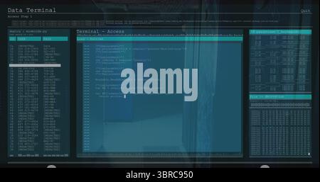 Displaying data terminal interface in office with user-pass table code editor IP stats and hexdump Stock Photo