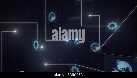 Displaying digital interface on grid with gridlines, glowing node connections and tech icons Stock Photo