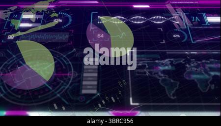 Displaying central pie chart presenting data on digital dashboard interface, with world map display Stock Photo