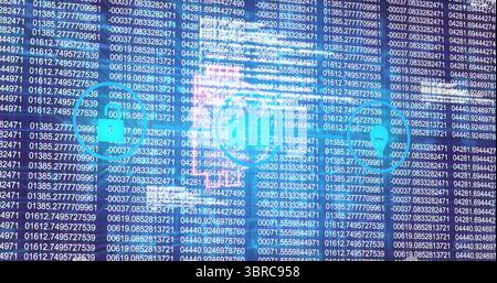 Displaying network diagram showing connected circular nodes with live data on screen, with key icon Stock Photo