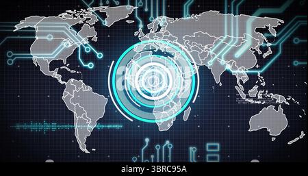 Displaying central HUD targeting Africa on virtual data interface, with neon blue circuits and map Stock Photo