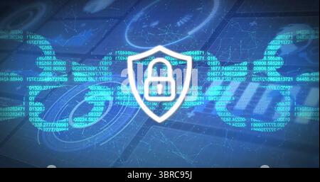 Displaying shield with padlock icon securing virtual network, with floating code and data rings Stock Photo
