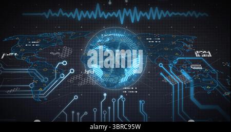 Displaying central holographic globe rotating over dark grid interface, with circuit lines Stock Photo
