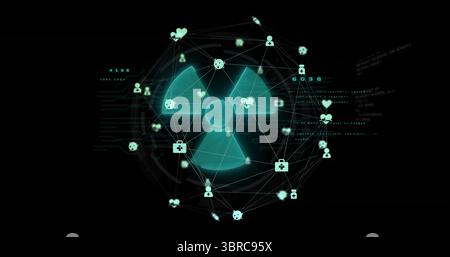 Displaying teal radiation symbol on dark display, connecting nodes with medical and user icons Stock Photo