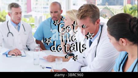 Writing doctor wearing lab coat taking notes in hospital meeting room with stethoscopes, copy space Stock Photo