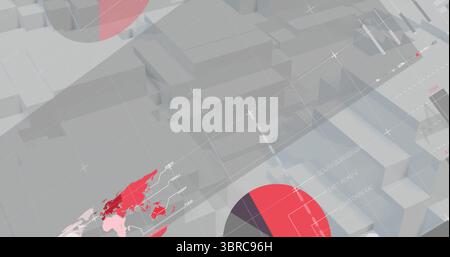 Rendering cubic blocks forming 3D data array on grid interface, with world map and pie chart Stock Photo