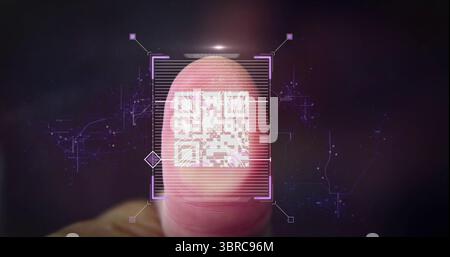 Scanning human thumb in futuristic interface, displaying QR code overlay and holographic grid lines Stock Photo