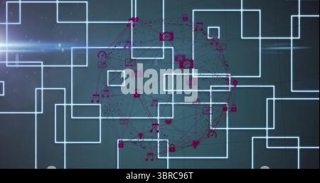 Displaying spherical network of magenta icons and dotted lines on digital grid, with glowing frames Stock Photo