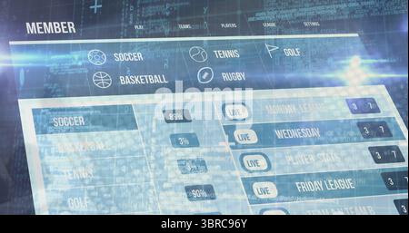 Displaying sports dashboard menu bar at virtual interface, showing sports icons and LIVE badges Stock Photo