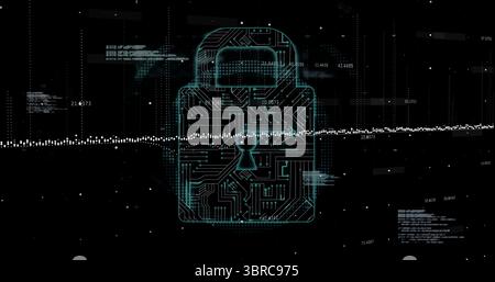 Displaying circuit padlock on screen, with dotted waveform, numeric data overlays and code snippets Stock Photo