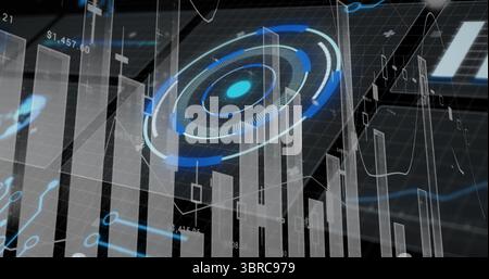 Displaying circular HUD data visualization hovering over grid plane, with bars and numeric labels Stock Photo