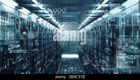 Glowing corridor displaying holographic data streams in data center with server racks and cabling Stock Photo
