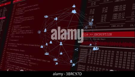 Displaying central 3D network graph glowing on red virtual encryption panel, with code and hex dump Stock Photo