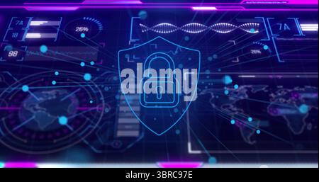 Showing glowing shield with padlock icon on security dashboard with maps globe nodes bars and helix Stock Photo