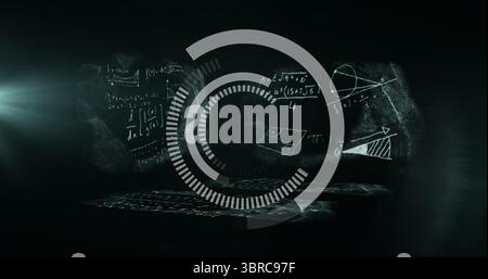 Displaying HUD interface over chalkboard math diagrams in lab, with keyboard outline and lens flare Stock Photo