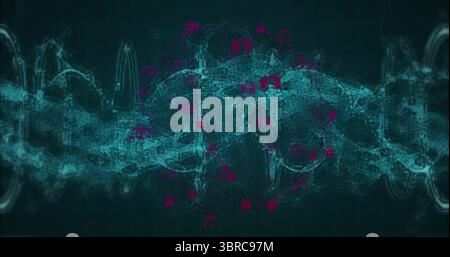 Flowing cyan network wave stretching across teal grid interface, with magenta icons overlaying Stock Photo