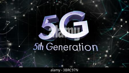 Displaying 3D 5G with 5th Generation subtitle glowing above digital network, with nodes and lines Stock Photo