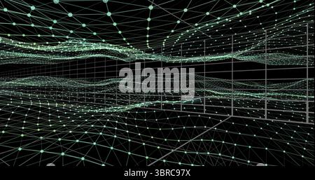 Forming central 3D wireframe mesh rippling in virtual space, glowing nodes and grid backdrop Stock Photo
