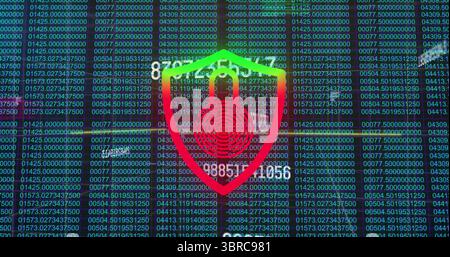Displaying security shield glowing over code grid on screen, with fingerprint motif and binary bits Stock Photo