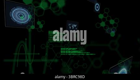 Displaying central cluster emitting glowing green code and hexagon nodes in holographic HUD Stock Photo