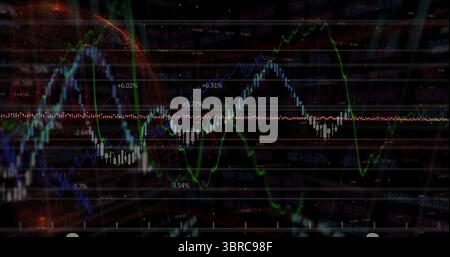 Displaying market chart on screen with candlestick bars, colored lines, percent labels, particles Stock Photo