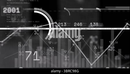 Displaying data UI on console, showing bar charts, line graph, gauge, readouts, code and markers Stock Photo
