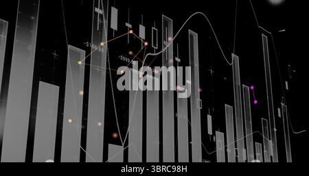 Financial chart showing 3D bars, candlestick markers, trend line and colored points on dark grid Stock Photo