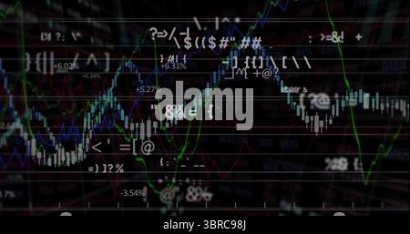 Displaying financial chart on trading terminal, with candlestick bars green blue lines and % labels Stock Photo