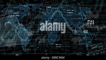 Displaying world map with candlestick bars, line graphs, percent tags on dark grid, hex nodes Stock Photo