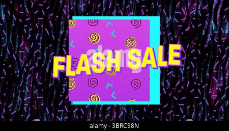 Displaying bold FLASH SALE text glowing over patterned magenta square, neon graphic design backdrop Stock Photo