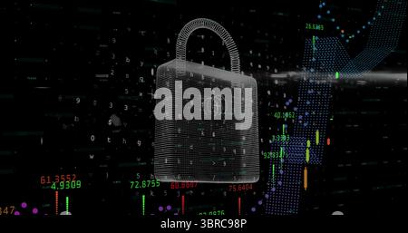 Floating white wireframe 3D padlock hovering over digital dashboard, with code and candlestick bars Stock Photo