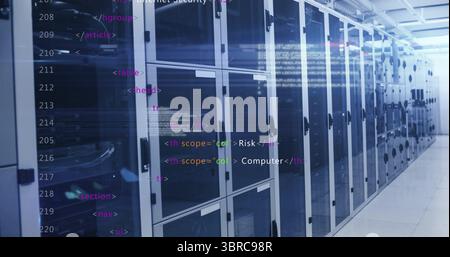 Displaying server rack cabinets with LED lights in data center corridor, with code overlay text Stock Photo
