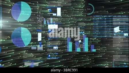 Visualizing floating data on tech dashboard showing pie, bar, line charts, tables, meters and icons Stock Photo