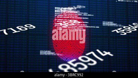 Displaying stylized red fingerprint overlaying virtual code matrix, with floating numeric sequences Stock Photo