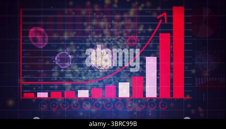Displaying chart showing monthly bar growth with rising line trend on purple interface, virus icons Stock Photo