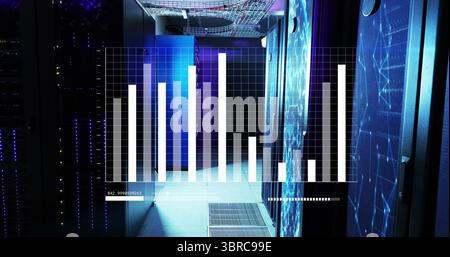 Displaying translucent bar chart overlay showing metrics in datacenter corridor, with server racks Stock Photo